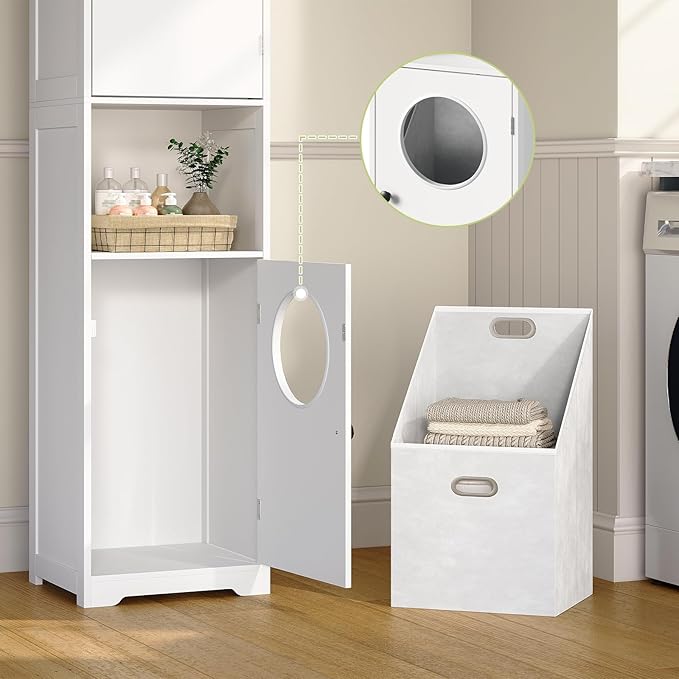 Laundry Hamper Cabinet, Tall Bathroom Storage Cabinet with 2 Removable Laundry Storage Baskets, Hidden Laundry Hamper with 2 Doors and Double Clothes-Toss Round Holes for Bathroom, White
