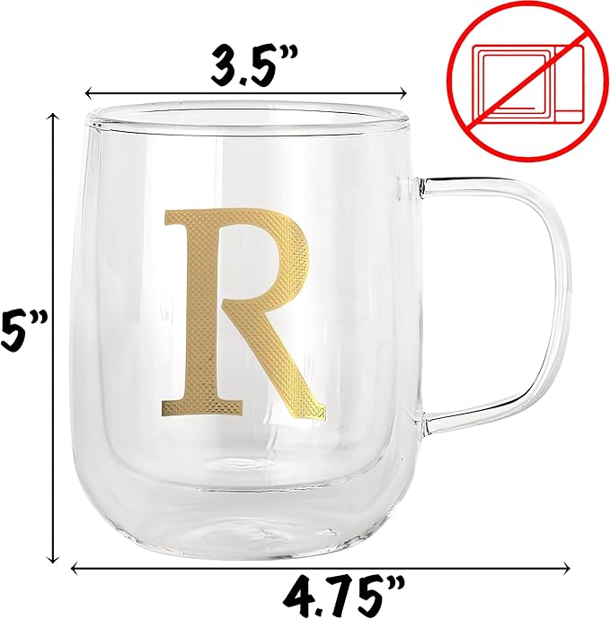 COLLECTIVE HOME - Double Walled Glass Coffee Mugs, Insulated Coffee Mug with Handle, Personalized Gifts for Women, Men, Christmas, 14 oz Monogram Cups (R)