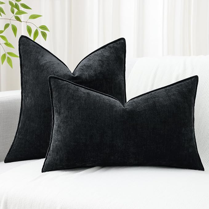 decorUhome Couch Throw Pillow Covers 18x18 Set of 2, Decorative Soft Euro Neutral Chenille Pillow Covers with Elegant Design for Sofa Bed Living Room Home Decor, Black