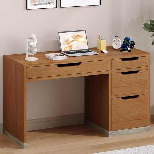 Small Desk with Drawers, 52 Inch Computer Desk with Storage, Home Office Desk with Filing Table for Bedroom, Brown