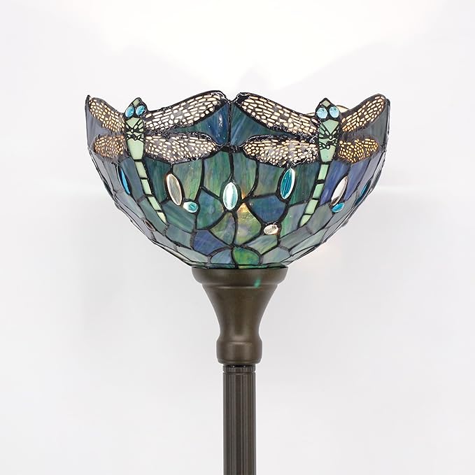 Tiffany Floor Lamp Torchiere Stained Glass Torch Lamp 12X12X67 Inch Antique Standing Corner Light (Dark Blue Dragonfly)