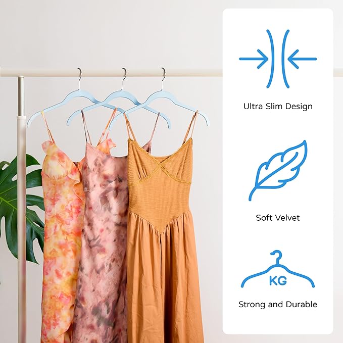 30 Pack Velvet Hangers – Premium Non-Slip Slim Clothes Hangers with 360° Swivel Hook, Space-Saving Flocked Shirt Hangers for Coats, Dresses, Blouses, Suits(Blue)