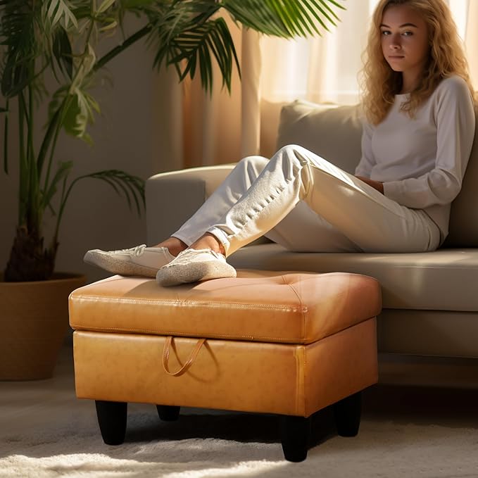 Ottoman Rectangular Storage Ottoman Bench, Faux Leather Footrest, Coffee Table, Stool Footstool with Hinged Lid for Living Room, Bedroom, Entryway, Orange, 28.5"x19"x17.5"