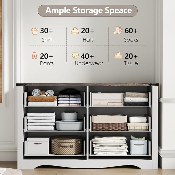 Loomie Farmhouse 6 Drawers Double Dresser for Bedroom, Modern White Dresser Chest of Drawers, Wide Dressers Organizer, Accent Storage Cabinet for Closet, Living Room, Hallway, Antique White