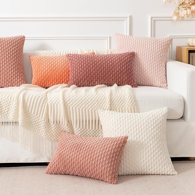 Kevin Textile Throw Pillow Covers Soft Corduroy Decorative Set of 2 Boho Striped Pillow Covers Pillowcases Farmhouse Home Decor for Couch Bed Sofa Living Room 26x26 Inch Blush Pink