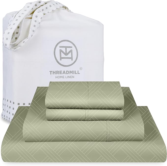 Threadmill King Size Sheets for King Mattress | 800 Thread Count Jacquard Celine Sage Green | Better Than Egyptian Cotton | 4 Pc Bed Sheets | Damask Sheet Fits 16'' Deep Pocket | 100% Cotton Sheets
