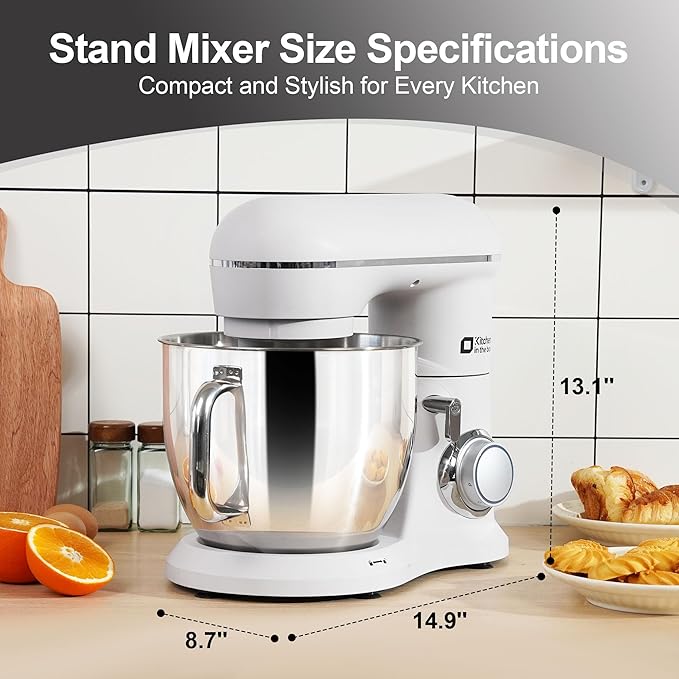 Kitchen in the box 7QT 900W 10-Speed Stand Mixer, Tilt-Head Kitchen Electric Mixer with Dough Hook, Whisk & Flat Beater(Frost White)