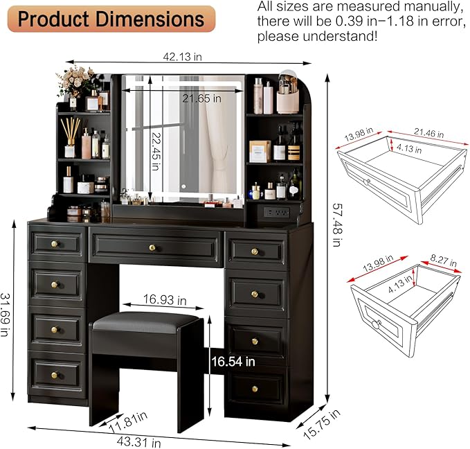 42" Makeup Vanity Desk with Mirror and Lights, & Power Outl, Glass Top Big Vanity Table with 9 Drawers& 8 Storage Shelves, Dressing Table Set with Chair for Bedroom, Black