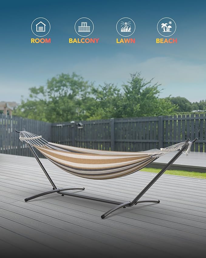 Double Hammock with Space-Saving Steel Stand, 2 Person Heavy-Duty Hammock for Garden, Yard or Outdoor, 600lbs Capacity, Coffee