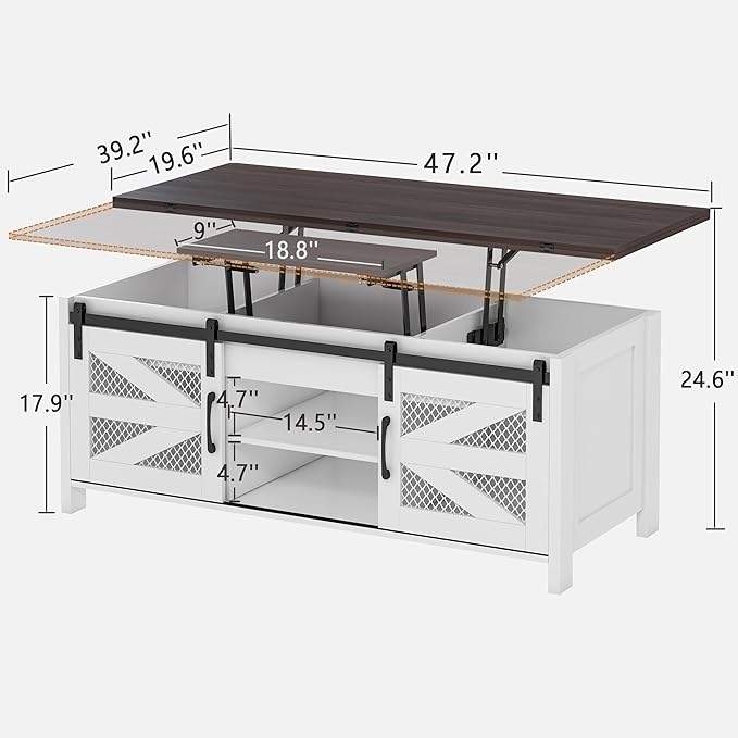 47.2" Lift Top Coffee Table, 4 in 1 Farmhouse Coffee Table with Storage and Sliding Barn Doors, Coffee Tables for Living Room & Dining Room (Milky White)