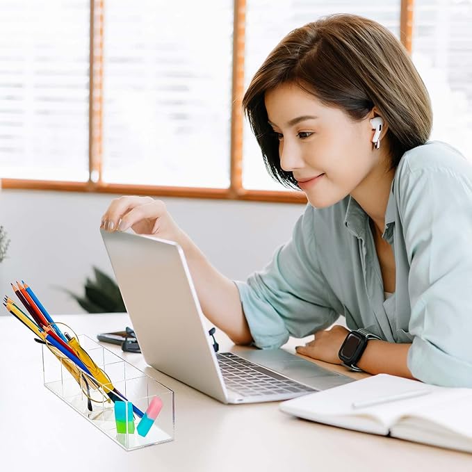 Epakh 2 Pieces 4 Compartment Acrylic Cube Organizer 4 Section Clear Acrylic Pencil Holder Small Drawer Organizer for Makeup Brush Crayon Desk Home Office Back to School Supplies