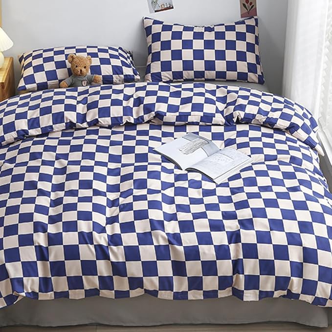 CLOTHKNOW Blue White Plaid Full Size Comforter Sets Checkerboard Bedding Comforter Sets Soft Grid Comforter with 2 x Pillow Cases