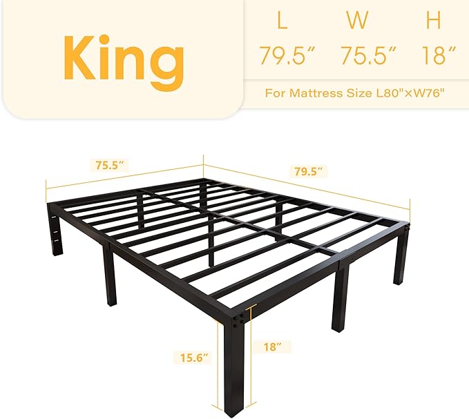 18 Inch Tall and Strong Platform Metal Bed Frame/Easy Assembly Mattress Foundation/ 4000lbs Heavy Duty Frame with Steel Slat Support/No Noise/No Box Spring Needed, King