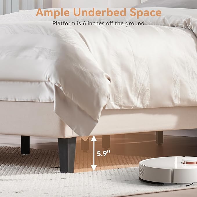 BedsPick Queen Size Bed Frame with Fabric Upholstered Headboard, Bed Frame Queen Size with Solid Wooden Slats Support, No-Noise, Easy Assembly, No Box Spring Needed with 1000LBS, Beige