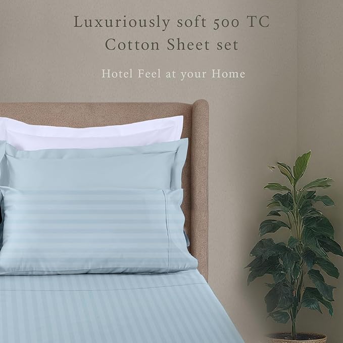 Threadmill 500 Thread Count Twin Size Damask Stripe, 3 Pc Luxury Cotton Bedding Set, Breathable Light Blue Sheets with 15" Elasticized Deep Pocket, 1 Pillowcase & Free Tote Bag