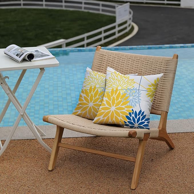 Yellow Blue Outdoor Pillow Cover 18X18 Inch Set of 2 Outdoor Waterproof Summer Floral Yellow Decorative Pillow case Decor for Couch Patio Funiture Garden Print Polyester Cushion Cover 01J18