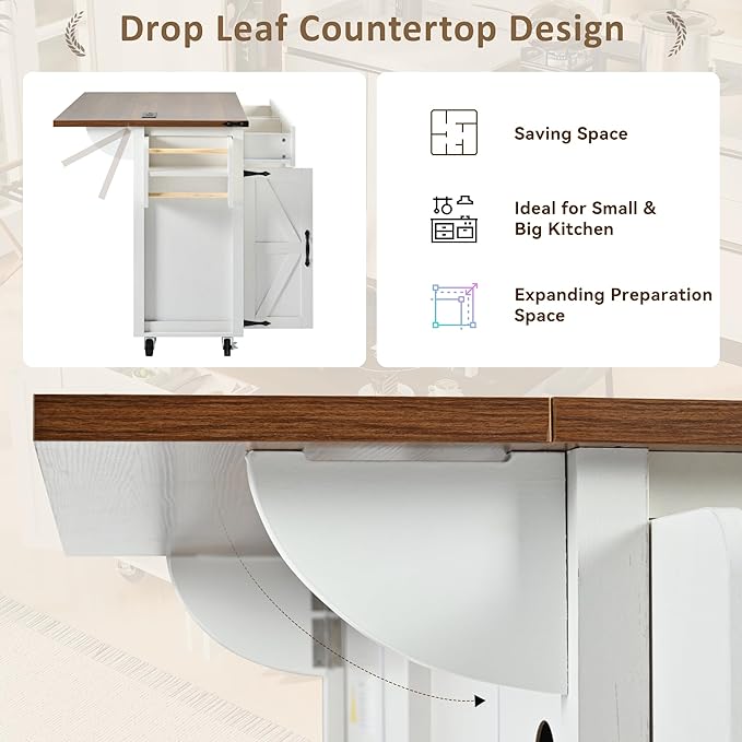 Farmhouse Roling Kitchen Island Cart with Drop Leaf Breakfast Bar with Power Outlet, Storage Island Table on Wheels with Drawers, Spice Rack(White)