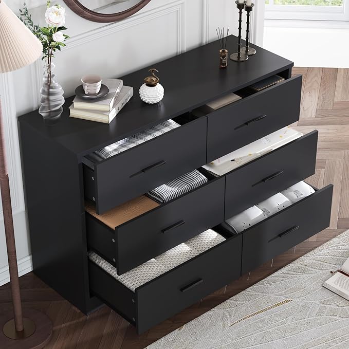 LIDYUK Dresser for Bedroom, Wood Dresser with 6 Drawers, Modern Minimalist Style Dressers & Chests of Drawers, 48 Inches Wide Chest of Drawers for Bedroom, Hallway, Living Room, Black