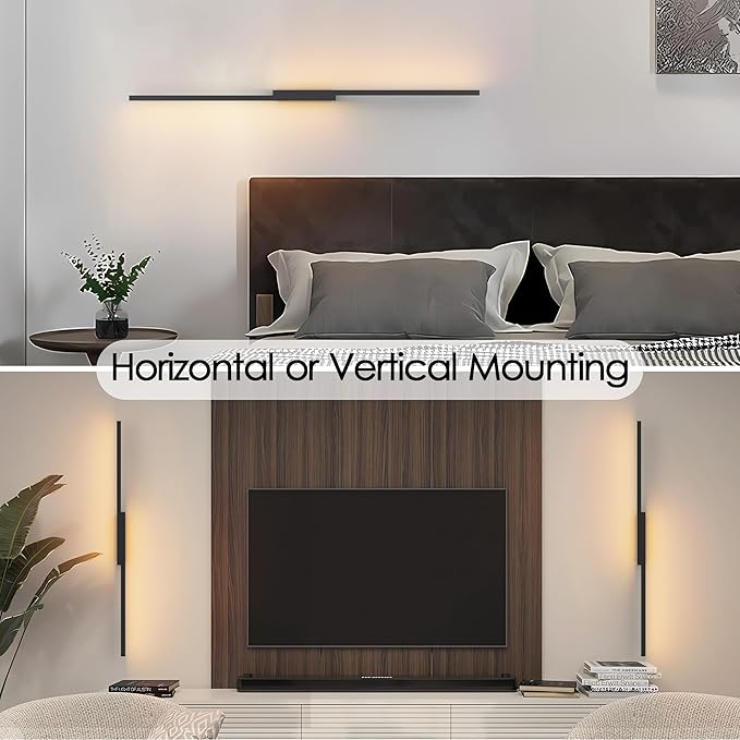 Aipsun 39.4inch Black Battery Operated Wall Sconce Set of 2, Rechargeable Wall Sconce Lighting Dimmable Wireless Wall Lights for Living Room,Bedroom