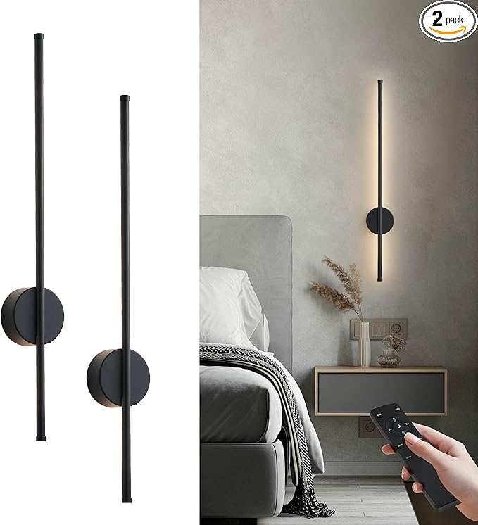 Battery Operated Modern Wall Sconces, Dimmable Wireless Wall Light Set of Two with Remote Control, 3 Color Temperatures, Rechargeable LED Wall Sconce for Bedroom, Living Room, Hallway, 27.6 Inch Black