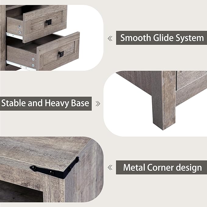 Farmhouse 6 Drawers Dresser and 2pcs 4 Drawer, Wood Double Dresser Chest of Drawers Wide Storage Organizer Cabinet for Bedroom, Living Room, Rustic Gray