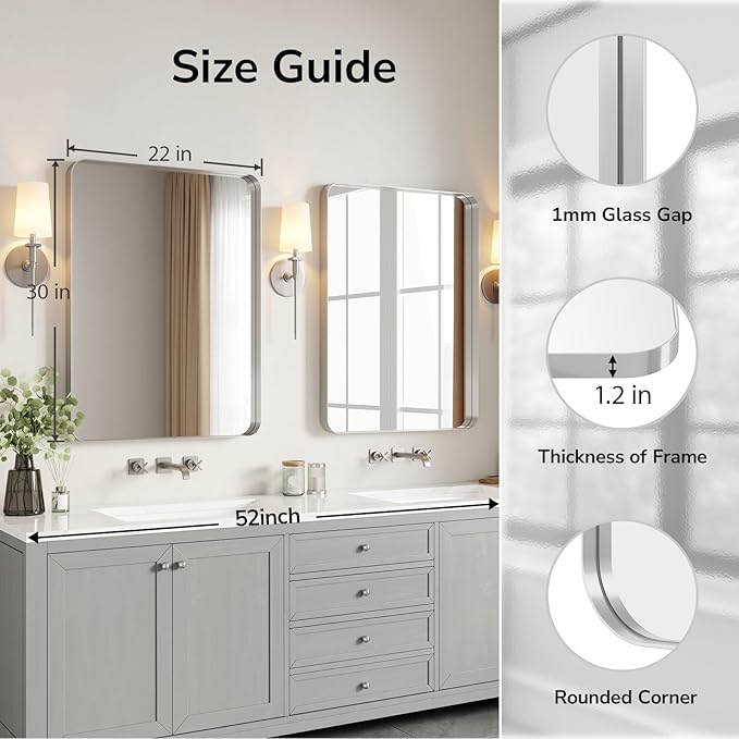USHOWER Brushed Nickel Bathroom Mirror 22"x30", Silver Rectangle Mirror for Over Sink, Rounded Corner, Aluminum Frame, Anti-Rust, Tempered Glass, Horizontal or Vertical Mounted