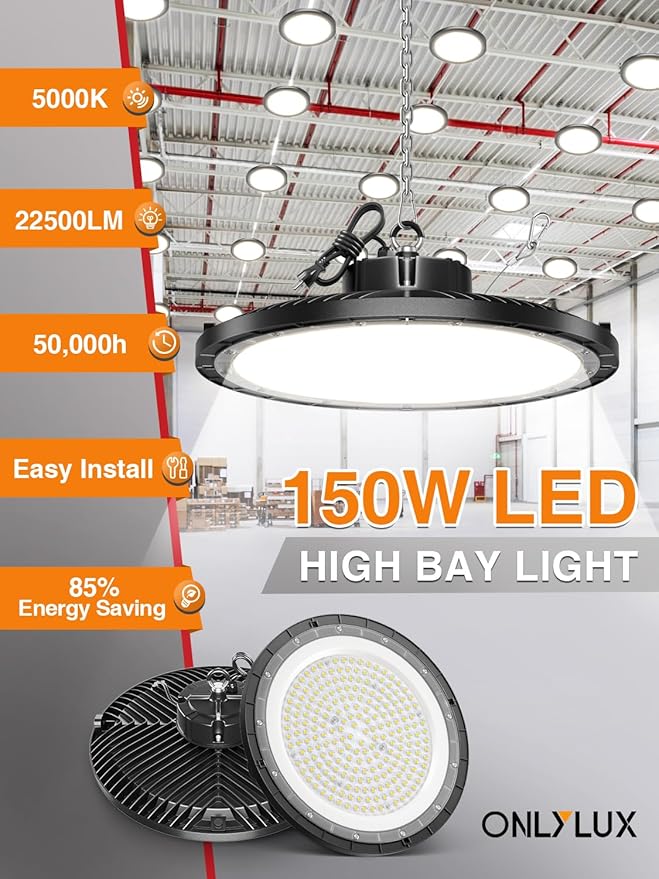 High Bay LED Shop Lights, 1 Pack, 150W, 5000K, 22500LM, UFO LED High Bay Light with 5' Cable(Eqv.600w Mh/Hps/Hid) Shop Lights for Garage Factory Workshop Warehouse Barn