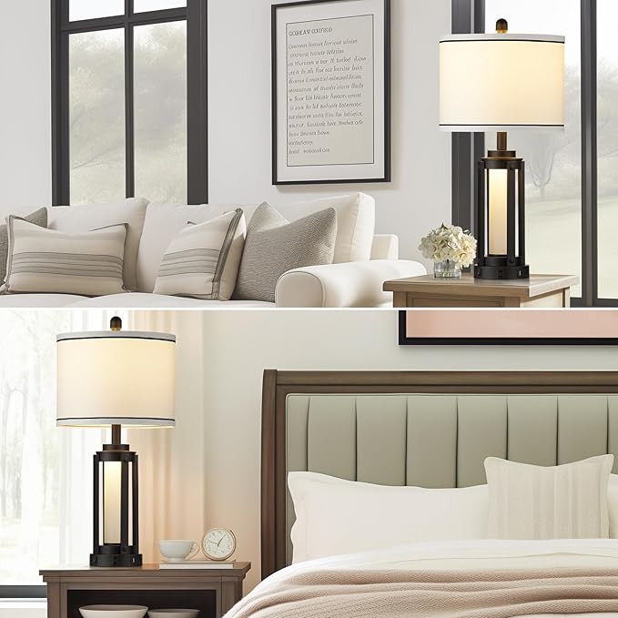 26" Modern Table Lamp with USB A+C Charging Ports & AC Outlet, Industrial Beside Contemporary Lamp Glass LED Night Light for Living Room Bedroom Nightstand End Table Single Black(2 Bulbs Included)