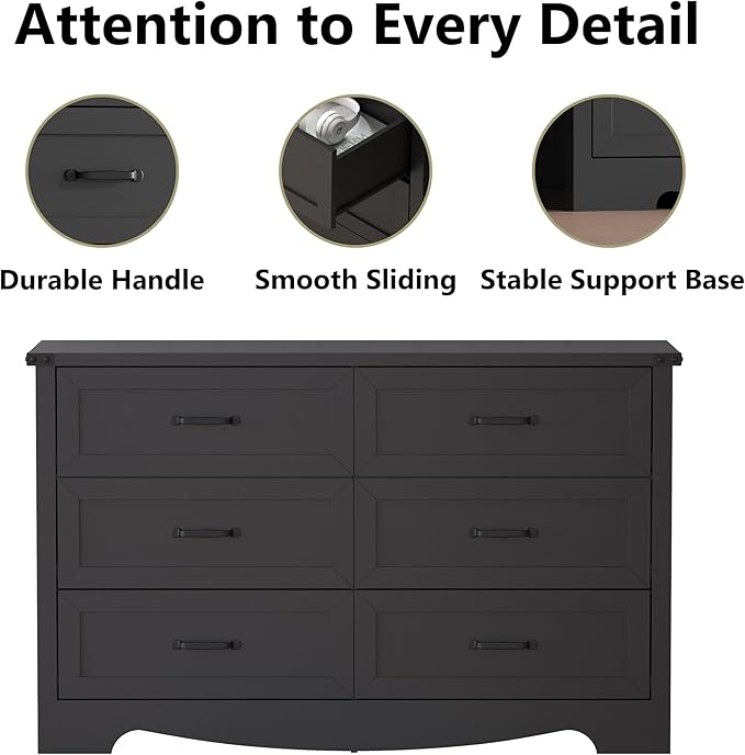 6-Drawer Dresser for Bedroom – 47" Wide Modern Wooden Chest with Natural Wood Texture, TV Stand & Storage, Metal Corner Brackets, Wood Drawer Organizer for Living Room, Hallway