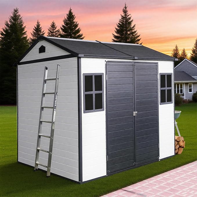 8x6 FT Outdoor Storage Resin Shed with Floor, Plastic Garden Tool Shed with Sloped Roof, Lockable Door & Windows, Easy to Assemble Bike Shed for Lawn, Backyard, Patio, White