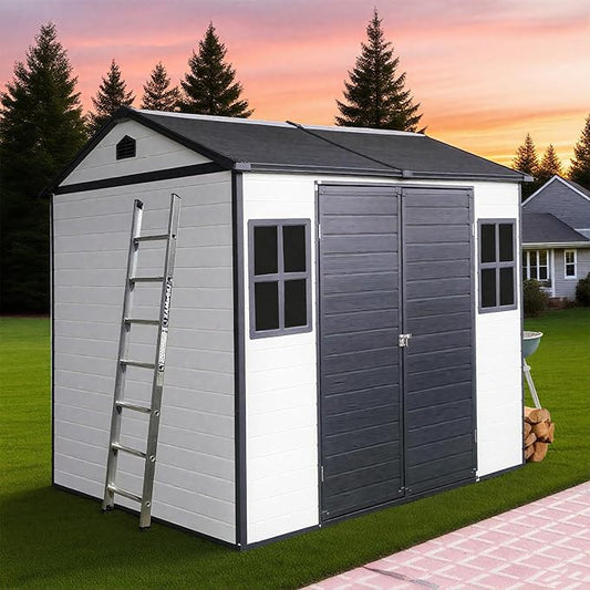 8x6 FT Outdoor Storage Resin Shed with Floor, Plastic Garden Tool Shed with Sloped Roof, Lockable Door & Windows, Easy to Assemble Bike Shed for Lawn, Backyard, Patio, White