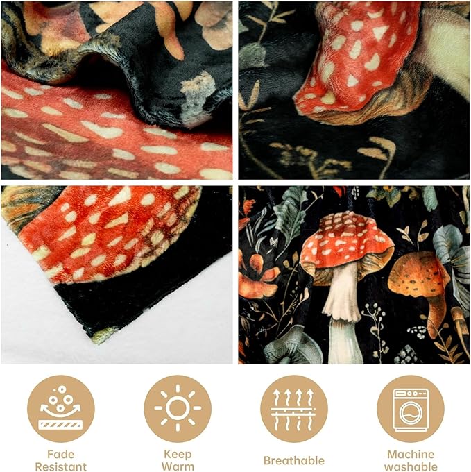 Mushroom Throw Blanket,Cute Fluffy Cozy Fleece Blanket for Couch or Bed, Super Soft Birthday Gift for Women,Kids, Black 50x60 inches
