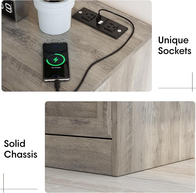 Fameill Dresser for Bedroom, 6 Drawer Wide Dresser Organizer with Charging Station, Tall Dresser for Hallway, Wood Dresser with Metal Handles, Ash Grey