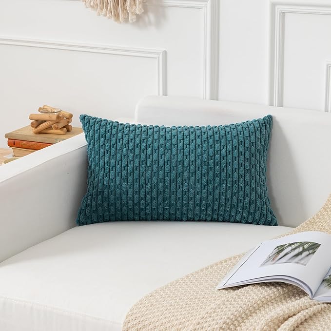 Kevin Textile Throw Pillow Covers Soft Corduroy Decorative Set of 2 Boho Striped Pillow Covers Pillowcases Farmhouse Home Decor for Couch Bed Sofa Living Room 12x20 Inch Teal Blue