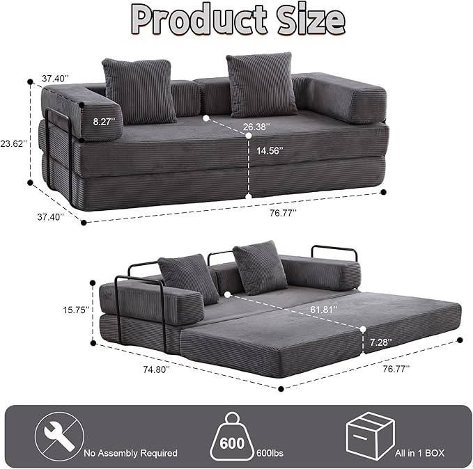 Convertible Sofa Bed, Compression Futon Sofa with Pillows & Armrest, Foldable Mattress Couch with Fixed-Shape Frame, Comfy Couch Lounge Sleeper Bed for Living Room Bedroom, Dark Gray