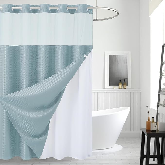 Heavy Duty 180GSM Shower Curtain 71x78 Inch,Magnetic Weighted Hem and Waterproof Fabric,No Hook Needed Design with Hotel-Grade Waffle Weave,Fog Blue Machine Washable,Mesh Top Window.