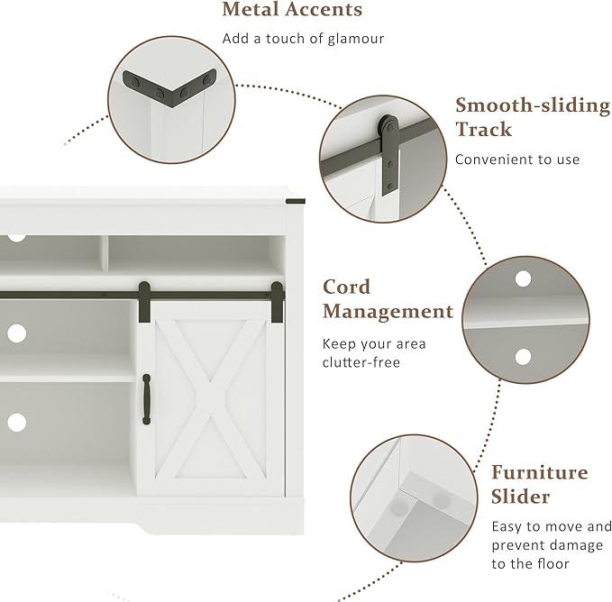 Farmhouse White Stand for TVs up to 65+ Inch Tall Entertainment Center with Sliding Barn Door, Console Storage Cabinet for Bedroom, Living Room