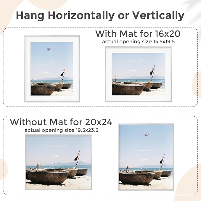 20x24 Metal Picture Frame for Wall With Mat for 16x20, 20''x24'' Aluminum Photo Frames With Tempered Glass for Home Decor, Minimalist Modern Poster Frame Horizontal And Vertical Formats, Silver
