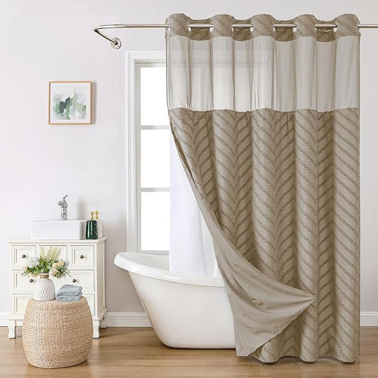 No Hook Boho Farmhouse Shower Curtain with Snap-in Fabric Liner set-71Wx74H(72H),Beige Tufted Chevron Striped Hotel Grade Cloth Shower Curtains for Bathroom with Window,Water Repellent