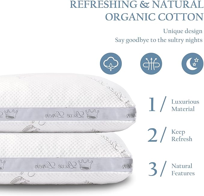 Organic Cotton Standard Bed Pillows, Shredded Memory Foam Pillows, Adjustable Bed Pillow for Sleeping, 18"x26"Organic Cotton Bed Pillows for Side, Back, Stomach Sleepers（Pack of 1）