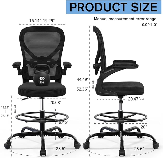 Alolo Drafting Chair,Big and Tall Office Chair with Footrest Ring,Ergonomic Chair for Counter Height and Standing Desk Comfy with Lumbar Support and Flip-up Armrests in Heavy Rolling Base,Black