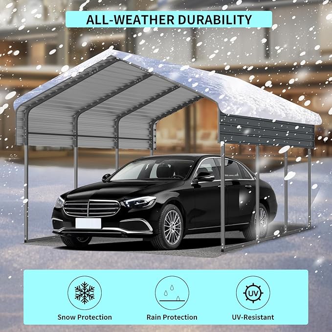 10x15 FT Metal Carport, Heavy Duty Car Port Canopy with Galvanized Steel Roof & Frame, Large Metal Carport Kit, Steel Car Shelter, Outdoor Car Garage for Car, Boat, Truck, Black