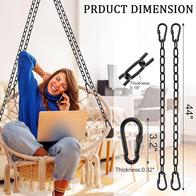 Hammock Chair Chain, 2 Pack 44in Hanging Swing Chain with 4 Carabiners, 660LB Capacity Heavy Duty Hammock Hanging Kit for Punching Bags, Swing Hangers, Porch, Patio, Playground Indoor Outdoor (Black)
