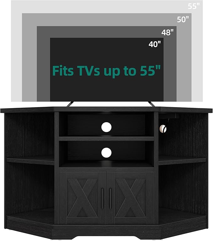 YITAHOME Corner TV Stands for Living Room, Black Entertainment Center with Storage, Farmhouse TV Stand for 55 inch TV w/Power Outlets, TV Console Media Cabinet, Black