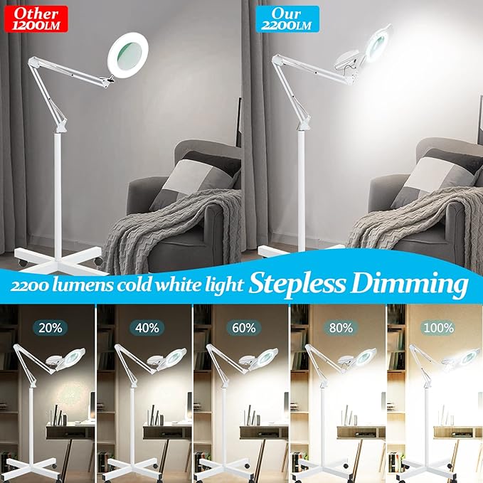 KIRKAS 10X Magniyfing Floor Lamp with 4 Wheel Rolling Base for Estheticians 2,200 Lumens LED Magnifier Lighted Glass Lens, Adjustable Stand & Swivel Arm Floor Lamp for Reading, Crafts, Tasks-White