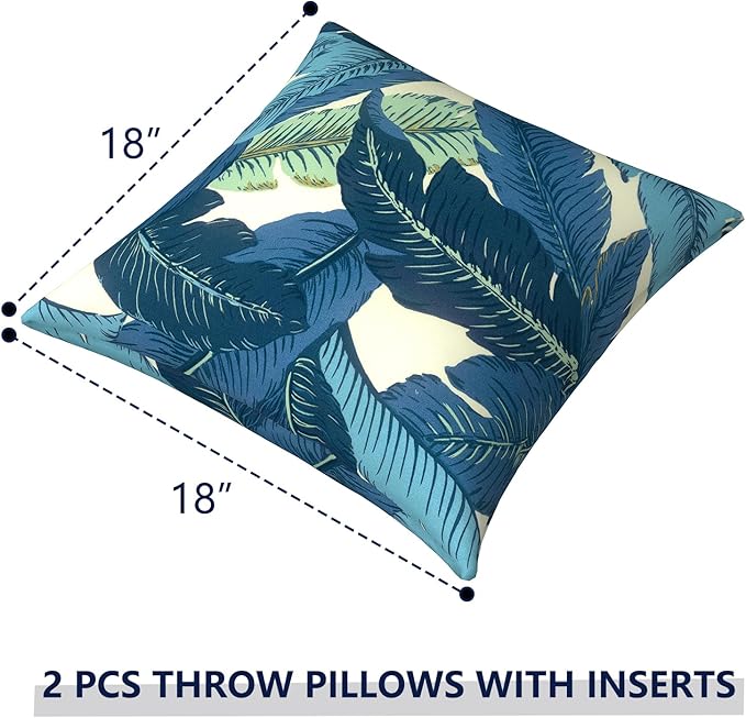 Outdoor Pillows for Patio Furniture 18x18 inch, Square Outdoor Throw Pillows with Inserts, Decorative Toss Pillows for Garden Couch Home Sofa Office Chair, Pack of 2, Swaying Palms Blue