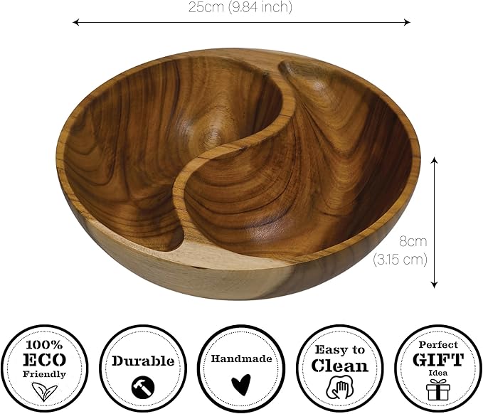 9.8 inches Acacia Wood divided Bowl, in a gift box, for candies, Nuts, dry fruits, made from one pc solid acacia wood, made in Vietnam