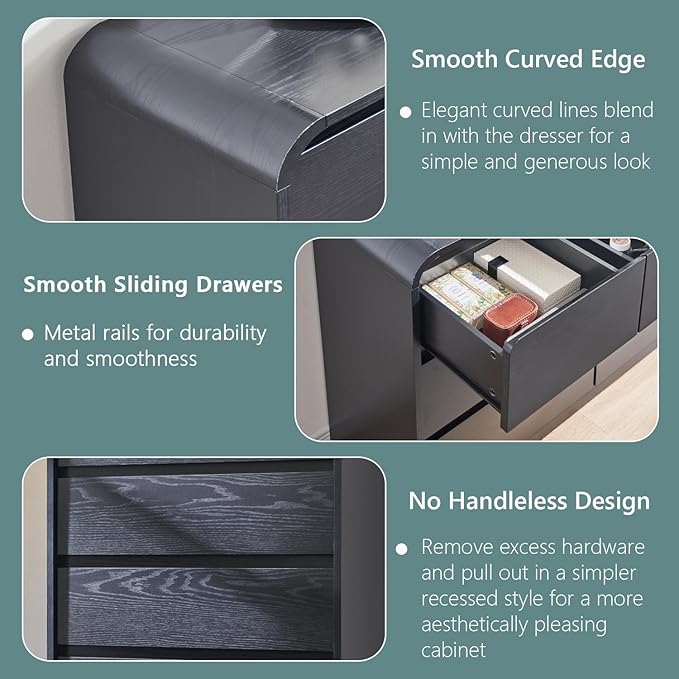 Modern 7 Drawers Dresser for Bedroom, 47" Wide Wood Dressers & Chests of Drawers w/Curved Profile Design, Mid Century Modern Dresser w/Natural Texture for Bedroom, Living Room, Black