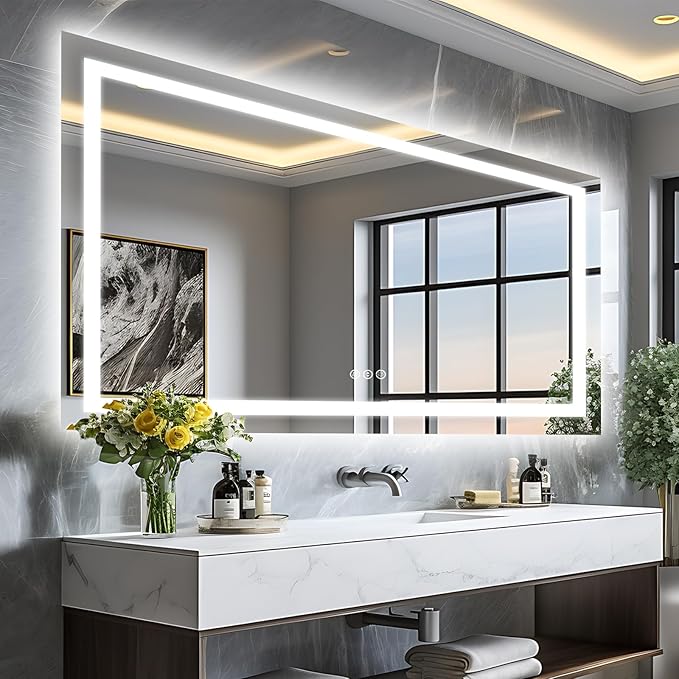 72"x40" Large LED Bathroom Mirror with Lights (Front & Backlit), Fogless, Stepless Dimmable, 3 Color Smart Mirror (Horizontal/Vertical)