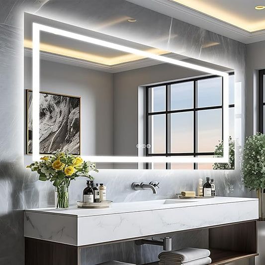 72"x40" Large LED Bathroom Mirror with Lights (Front & Backlit), Fogless, Stepless Dimmable, 3 Color Smart Mirror (Horizontal/Vertical)